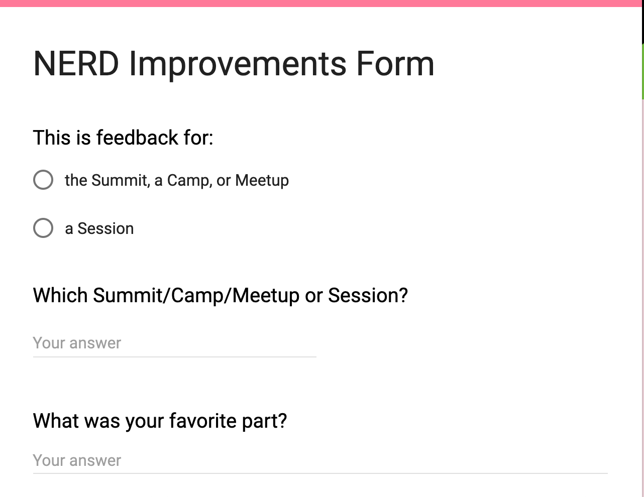 Screenshot of feedback form