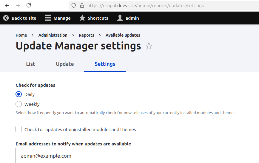 Screenshot of the configuration page for the automatic_updates module
