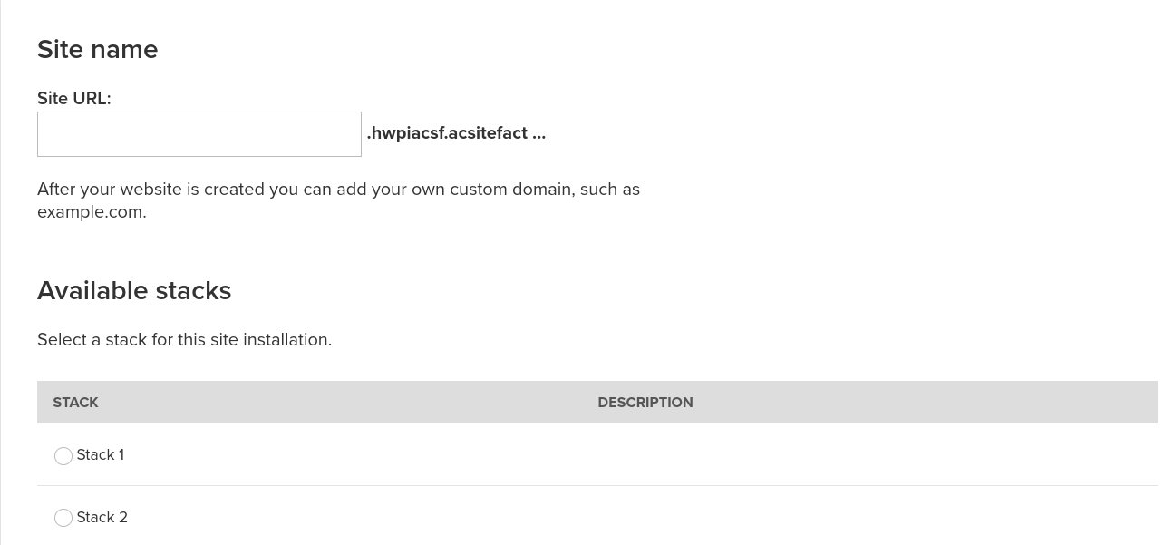 Form to create a new site in Acquia Cloud SiteFactory