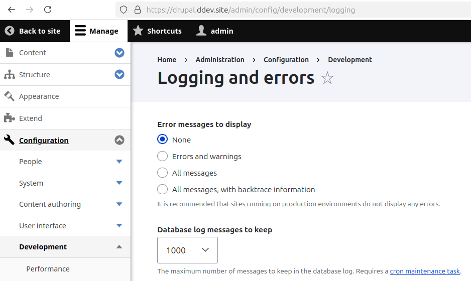Screenshot showing /admin/config/development/logging, where a site owner can configure error logging