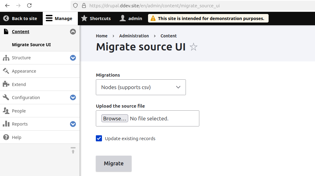 Admin UI for importing CSV files with Migrate Source UI