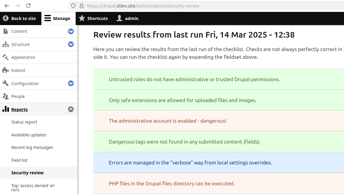Screenshot of the tests run by the Security Review module
